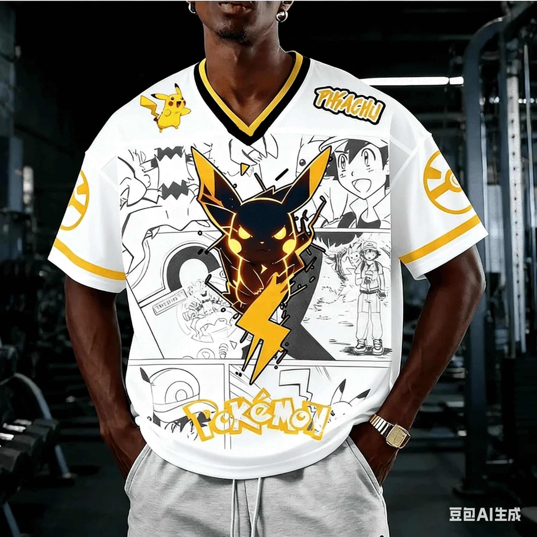 New American Football Shirt Pikachu with Luminous Effect 2026, Japanese Anime Bandai, White and Yellow, Streetwear Anime 2025