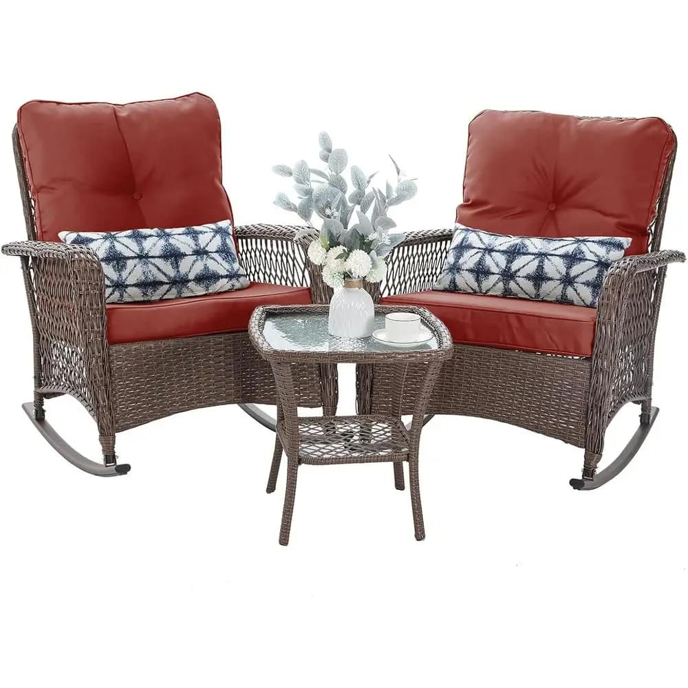 3-Piece Outdoor Bistro Set with Cushions, Brown Wicker Rocking Chairs and Coffee Table for Patio, Porch, Backyard, or Garden (Re