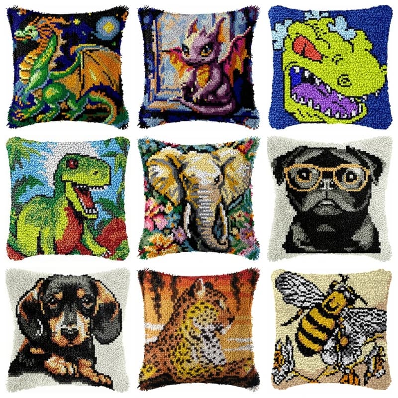 Dinosaur Latch Hook Pillow Kit DIY Embroidery Set Elephant Smyrna Buttons Adult Crafts Home Sofa Decor Plastic Net