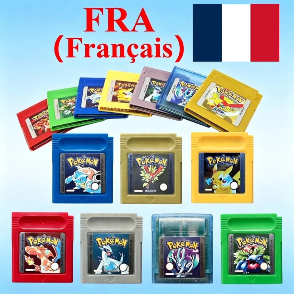 Pokemon GBC 16 Bit Video Game Console， Yellow， Blue， Crystal， Gold， Green， Red Game， Silver Console Card FRA Version