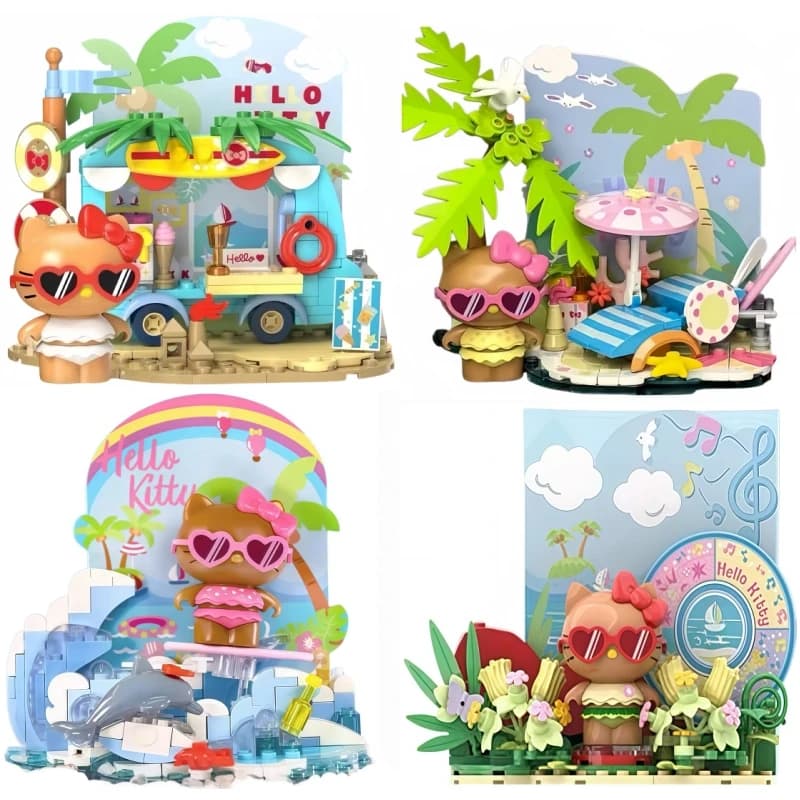 Sanrio Building Blocks Original Hello Kitty Seaside Holiday Series Anime Ornamenti Bambole Modellini giocattolo per bambini Regalo di compleanno di Natale