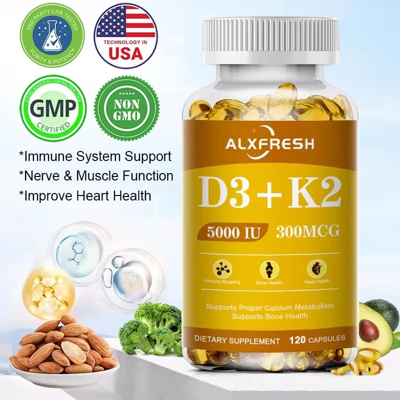 Capsule di vitamine D3+K2 5000 IU 300 MCG | Non OGM, vegano, nutrizionale, senza glutine | Integratore sanitario