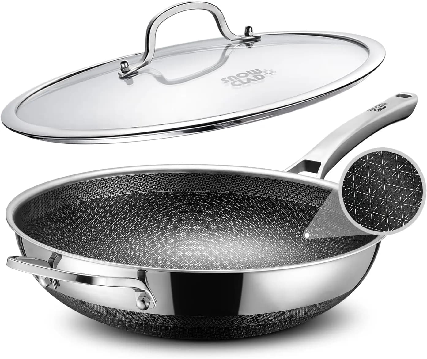 Wok Stainless Steel Non-stick 13 Dustproof with Cover, Compatible with Induction, Without PFOA, to Jump in Padella and Cook