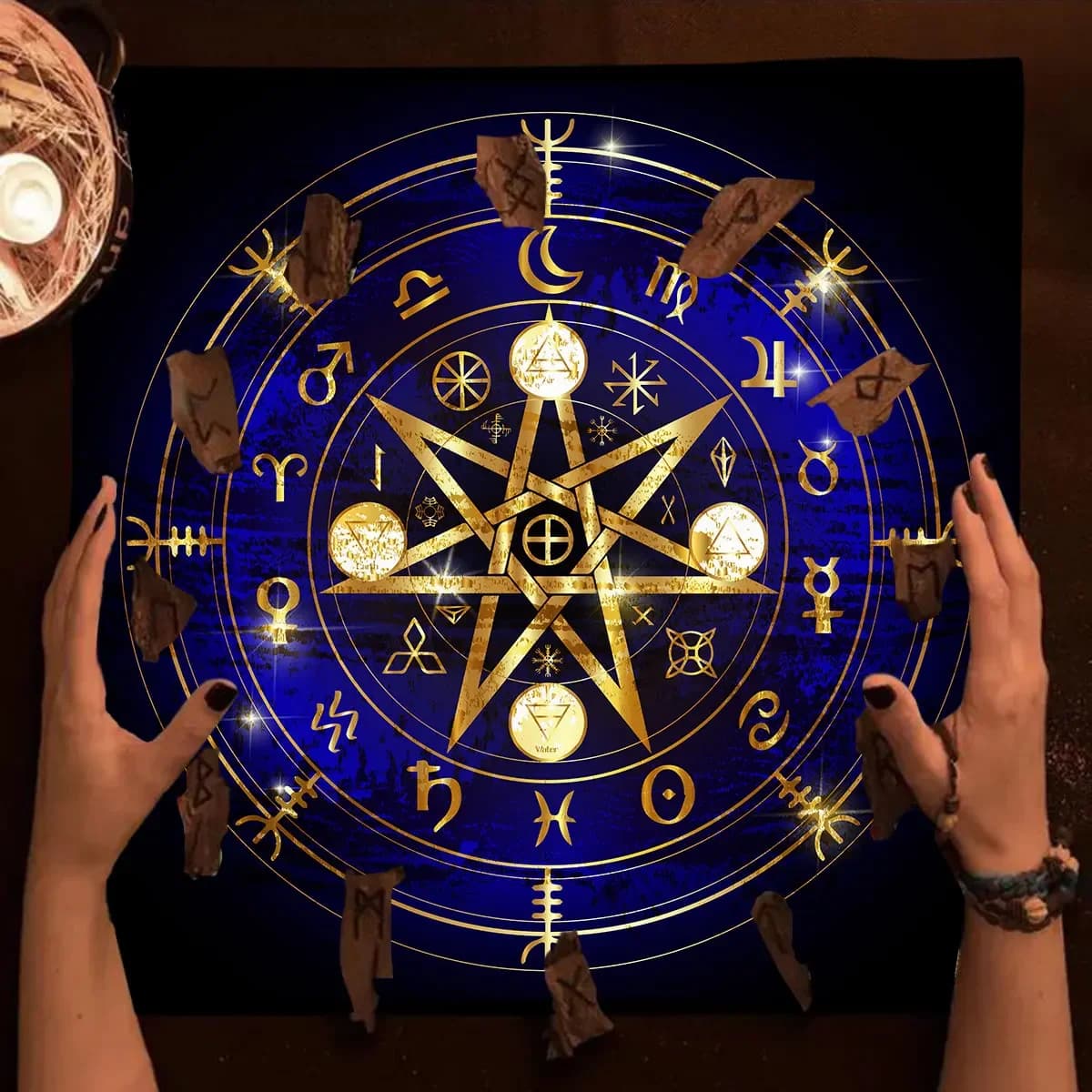 Tappetino per divinazione in tessuto per tarocchi con cerchio occulto mistico con pentagramma e modello di segno astrologico Tovaglia per tarocchi Oracle