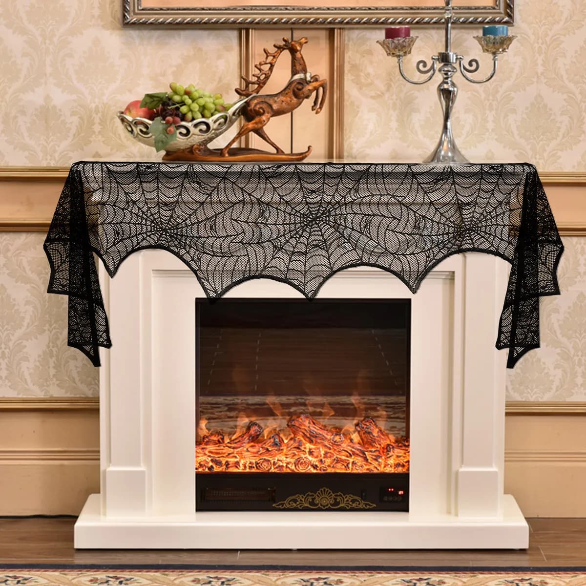 Copertura per Caminetto in Pizzo Nero a Ragnatela per Halloween, Sciarpa Decorativa per Porta Stregata, Decorazione per Feste