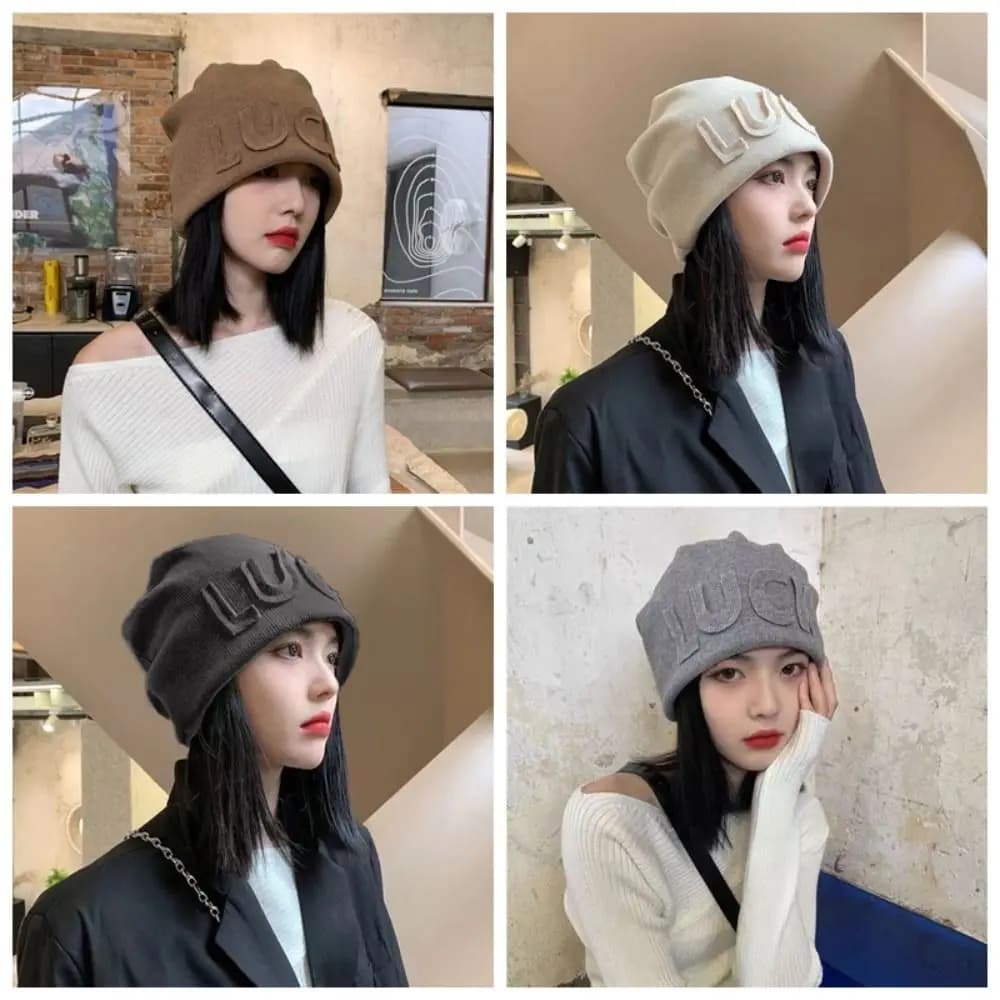 Polyester Fiber Women Beanie Hat Korean Japanese Style Letter Embroidery Slouchy Stack Cap Soft Knit Fabric Letter Knit Beanie