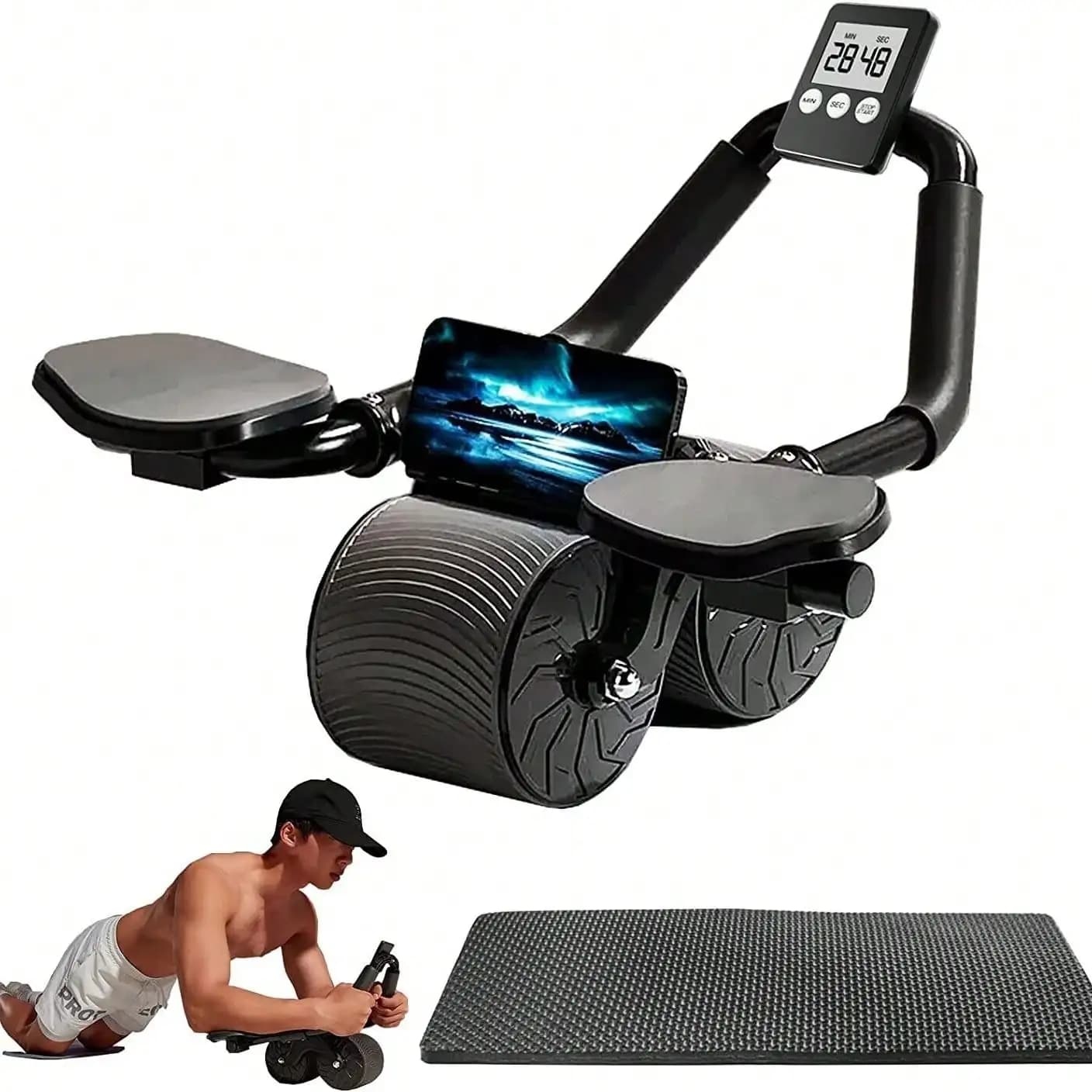 Ruota per Addominali con Timer, Attrezzo Fitness per Allenamento Muscoli Addominali, Design Ergonomico con Rimbalzo Automatico