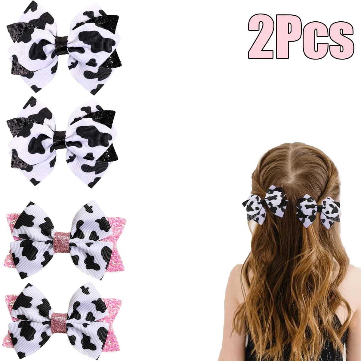 2 pieces bow with print cow hair clip and cute stitch Bownot sparkly fork for kids school girls kids accessories for daily headdresses