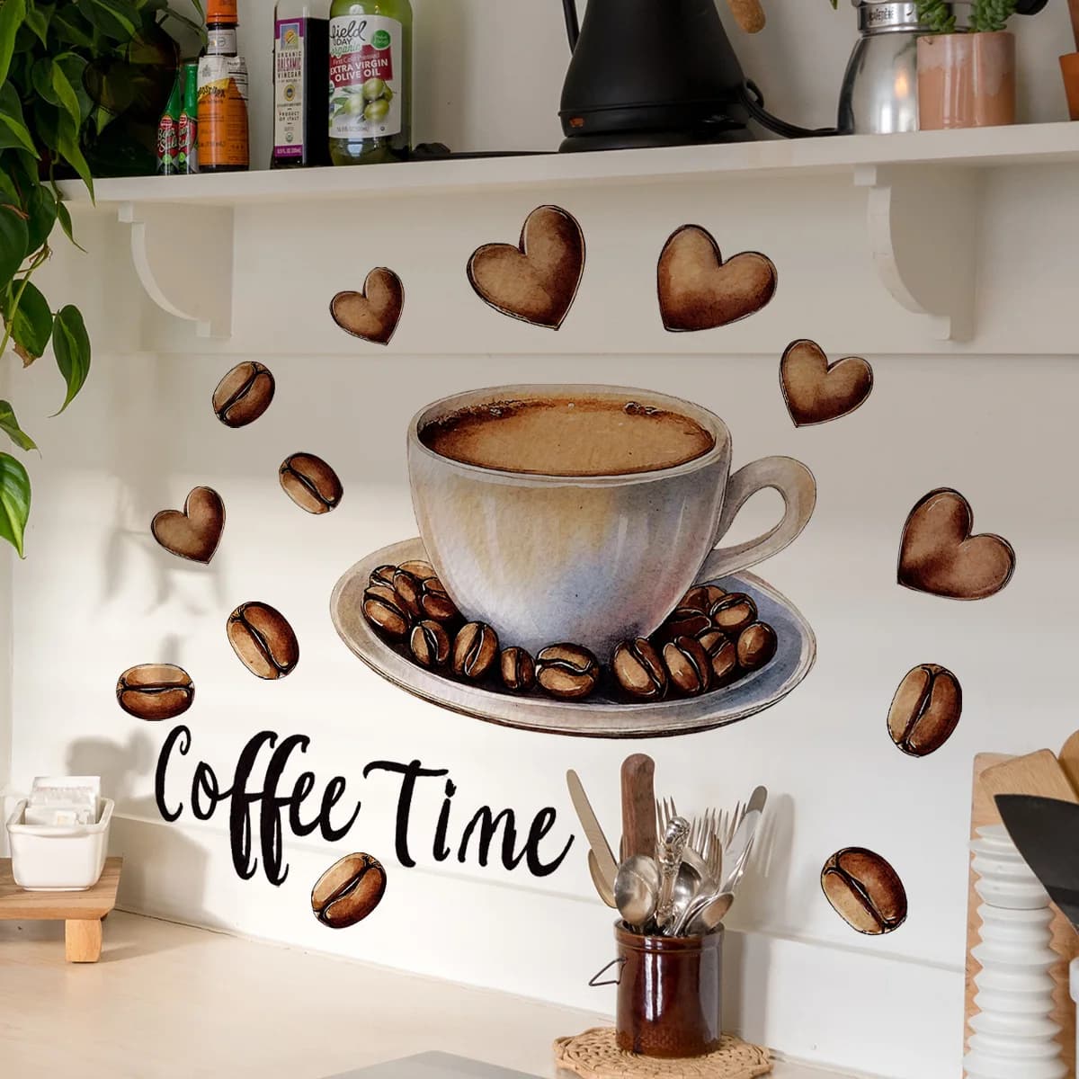 Decalcomanie da muro Coffee Love - Adesivi rimovibili con tazza di cuore e fagioli per bar e decorazioni per la casa