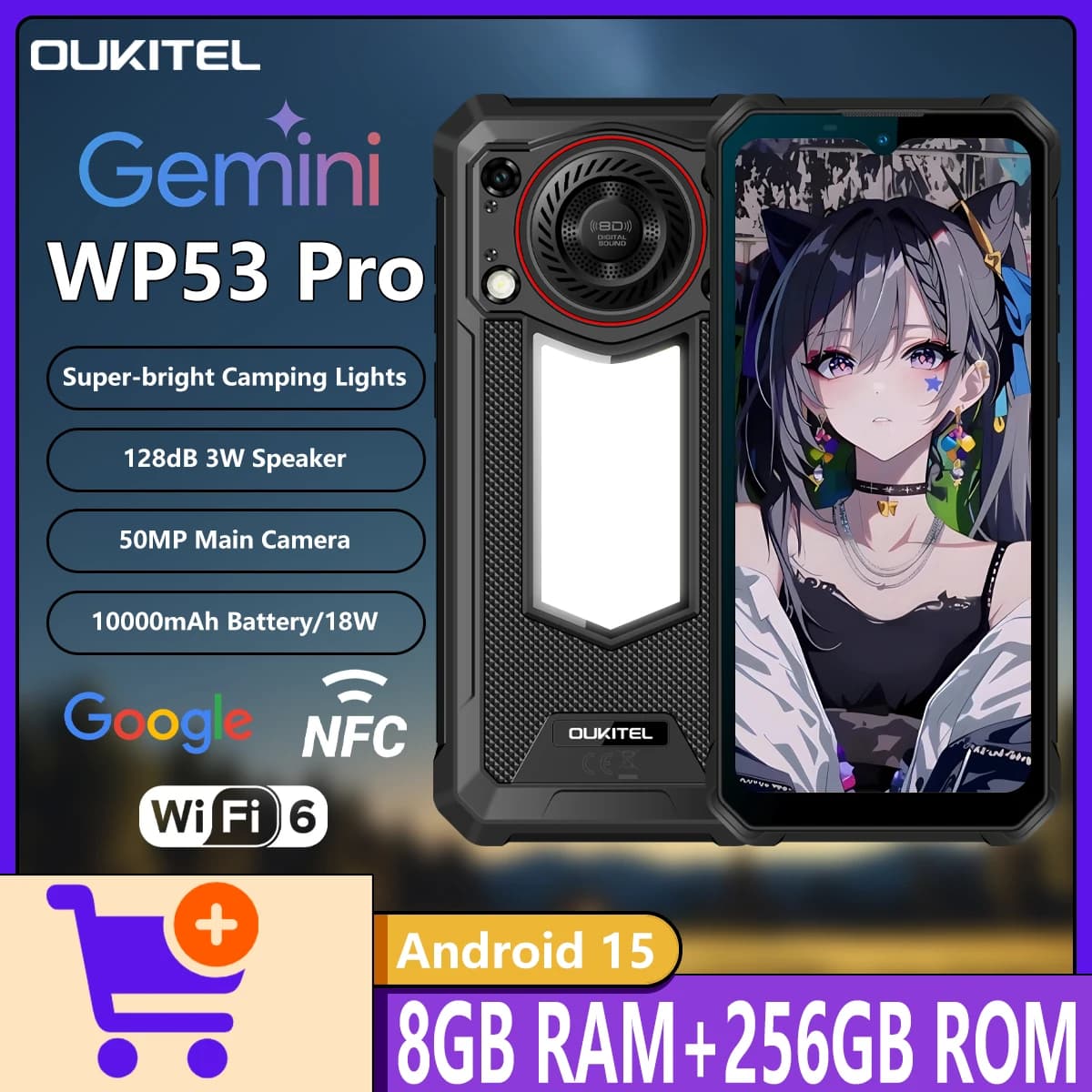 OUKITEL WP53 PRO Telefono Rugged 4G, Schermo HD+ 6.52", Altoparlante 3W 128dB, Luce da Campeggio, Batteria 10600mAh, 8GB RAM+256GB ROM, Android 15, NFC
