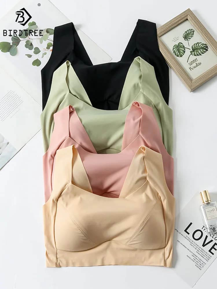 Birdtree 100% Silk Bra Women Underwear Sling Wireless French Thin Sports Chest Sexy Seamless Adjustable Bra P36743QM