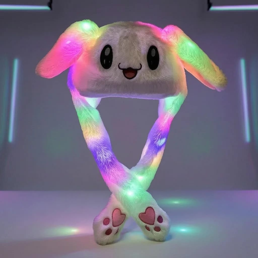 Cappello Coniglio in Peluche con Orecchie Luminose e Mobili, Cappello con Orecchie a Pressione a Forma di Zampa di Coniglio, Accessorio per Cosplay, Feste e Halloween