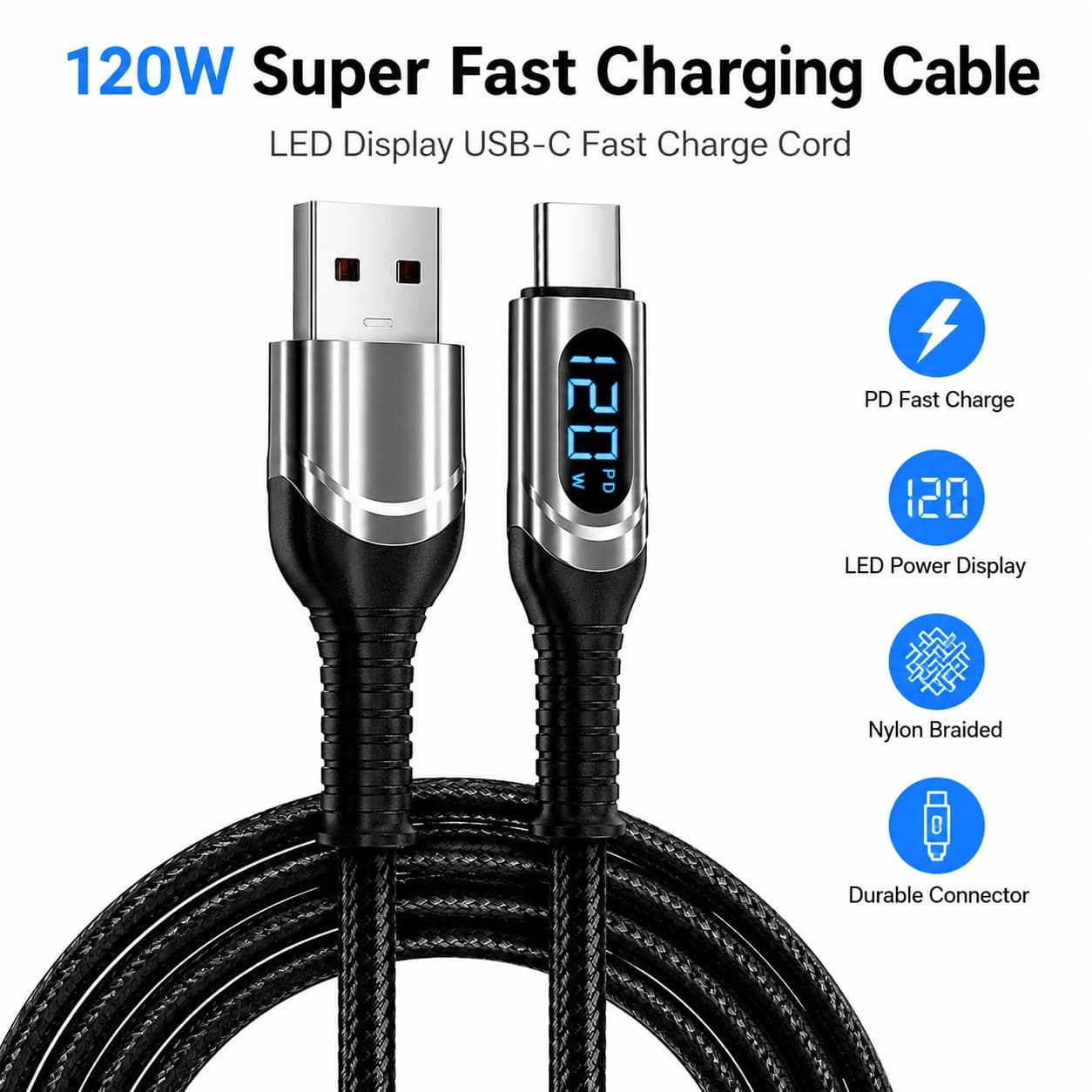Cavo USB C per Ricarica Super Veloce 120W con Display LED, Cavo Caricatore PD per iPhone 15 16 17 Xiaomi Huawei Samsung