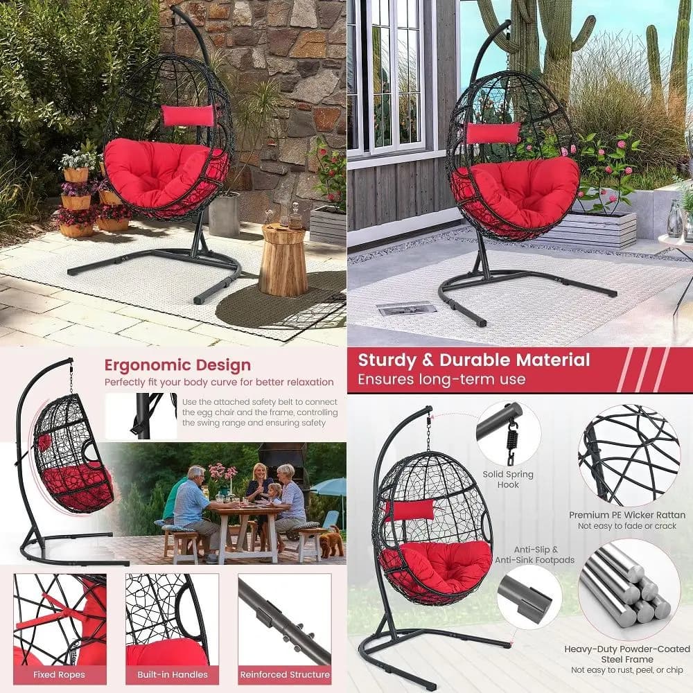 Egg Chair with Stand, Hanging Egg Swing Chair with Removable Seat Cushion amp Headrest, AllWeather Indoor Outdoor Hanging PE Wi