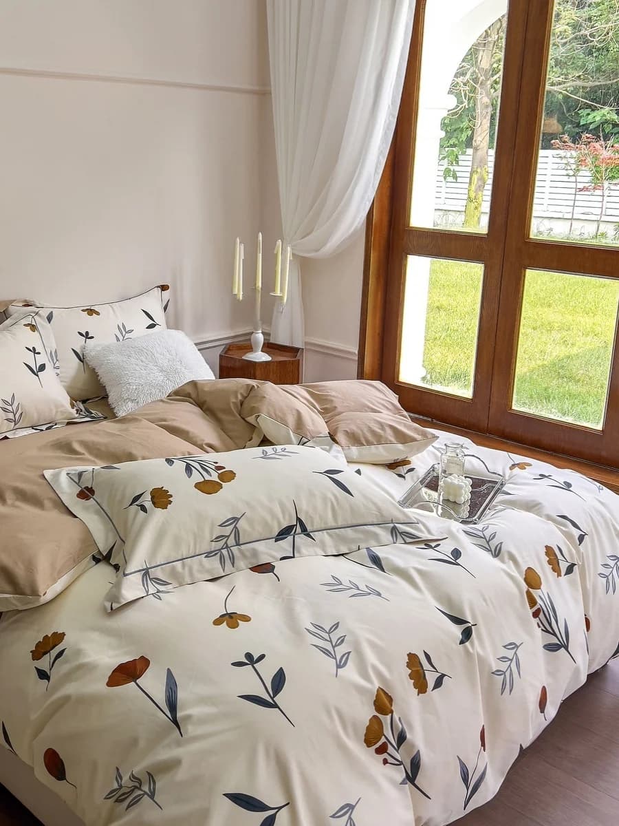 Cotton Bed Linen Set with Floral Print, Cover, Sheets, Country Style Canopy, Four Piece Comfortable Cotton Set