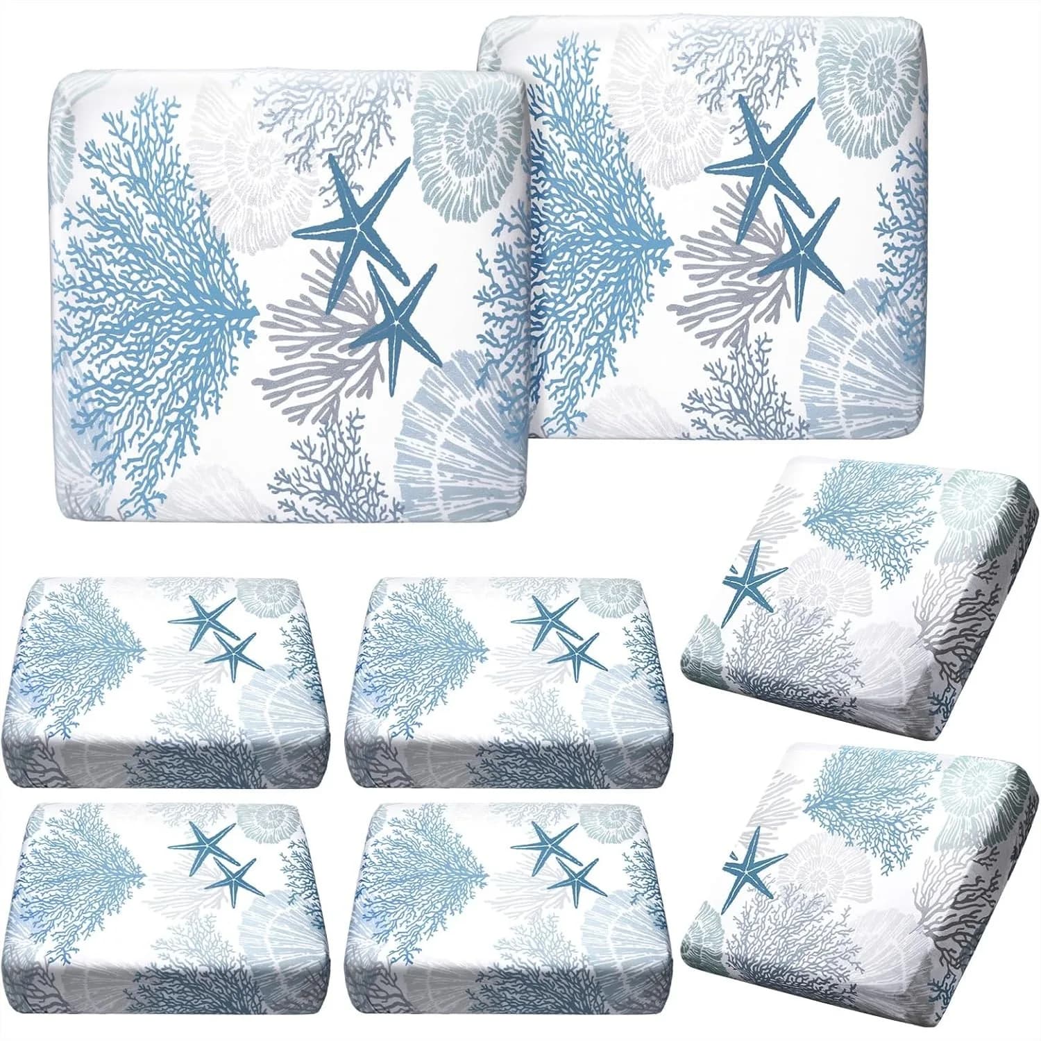 8 Pcs Summer Sofa Cushion Cover Patio Stretch Beach Outdoor Seat Cushions Covers Starfish Seashell Coral Replacement Couch Chair Slipcovers Coastal Sofa Seat Cover Flexibility