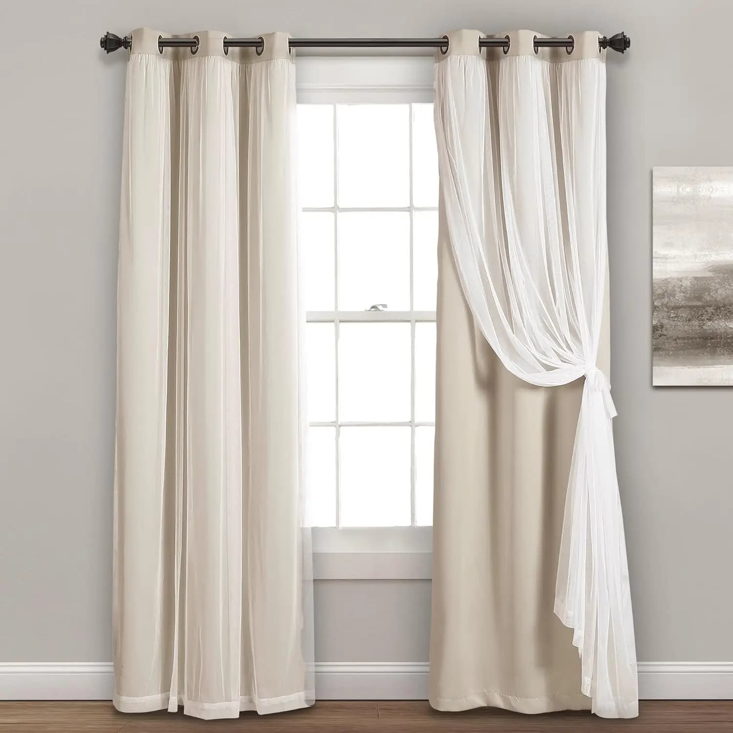 Tende velate con occhielli e fodera oscurante isolante, 38"W x 84"L, colore grano per l'eleganza della camera da letto