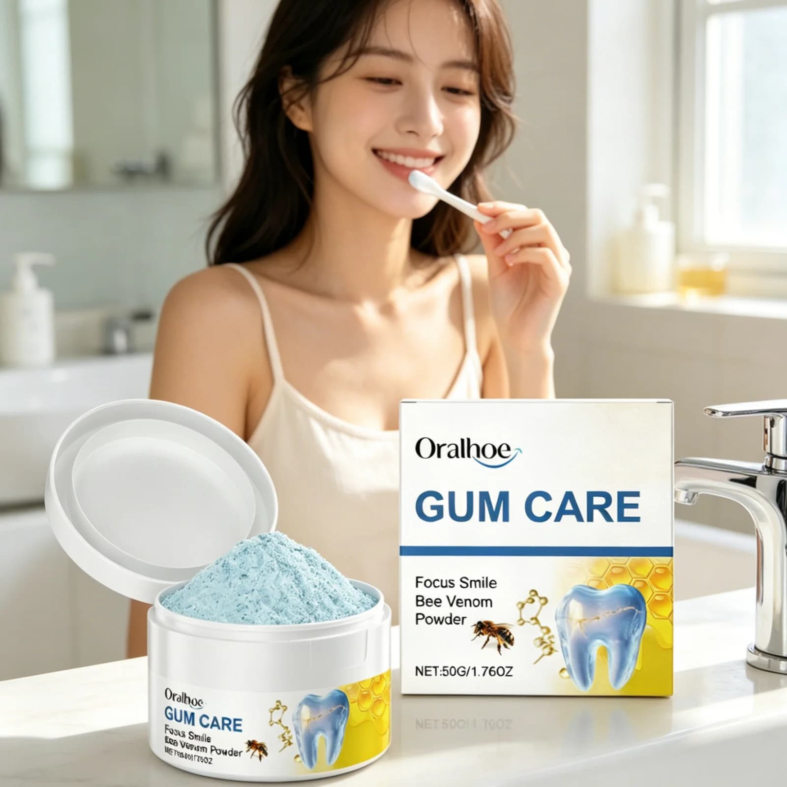 Polvere Dentifricia al Veleno d'Api Oralhoe per Pulizia Profonda, Rimozione Macchie, Denti Gialli, Soluzione per Alito Fresco, Cura delle Gengive, Sbiancante per Denti 50g