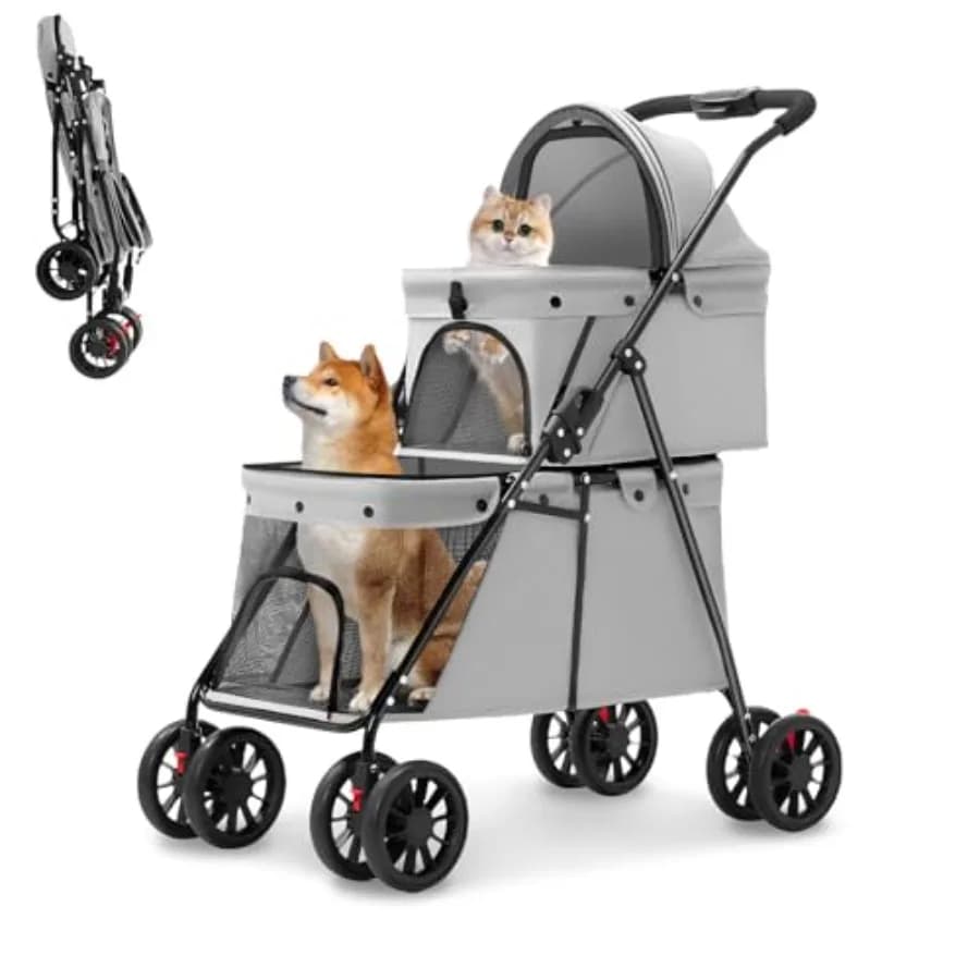 Double Pet Stroller for Medium Small Dogs and Cats with 2 Carriage, Durable Universal Wheels with Brakes Lightweight One Hand F