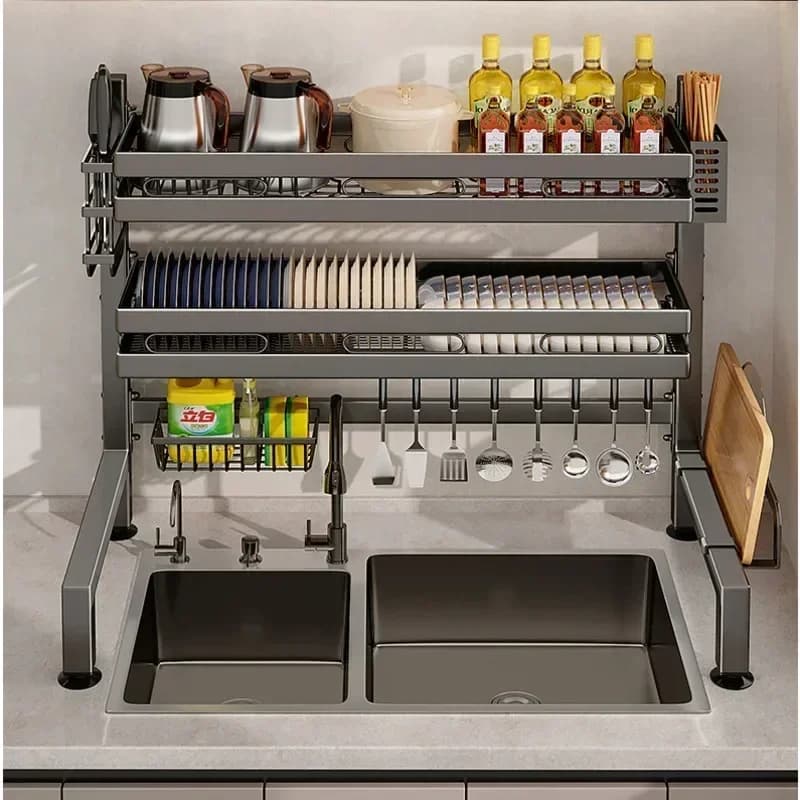 Scolapiatti multifunzionale Lavello da cucina Scaffale per piatti Doppi strati Scaffale portaoggetti in acciaio al carbonio Organizzatore per posate traspirante