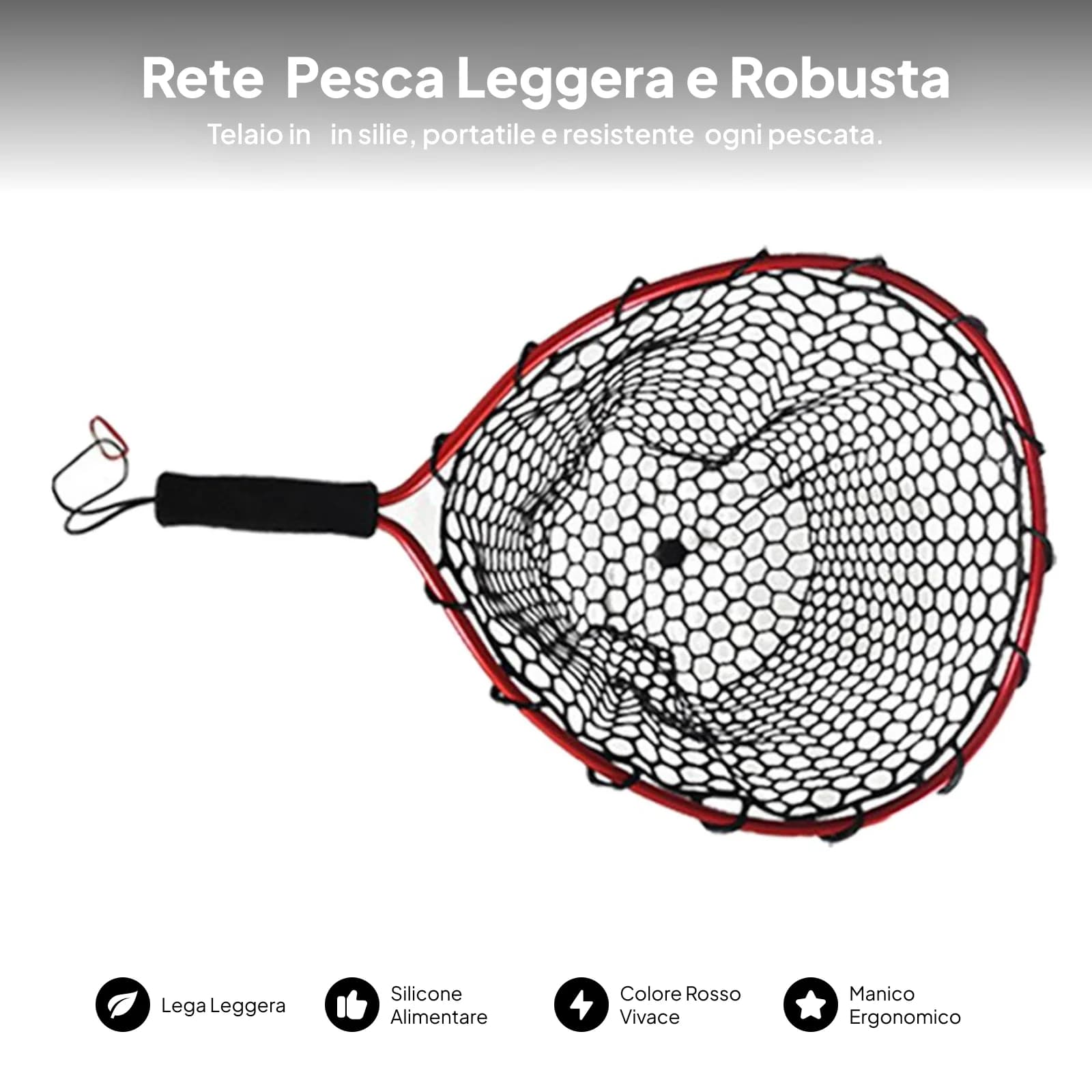 Guadino da Pesca con Cordino e Moschettone, Rete Antiscivolo con Impugnatura Confortevole per Kayak e Pesca all'Aperto