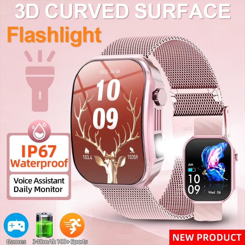 LIGE Smartwatch with 3D Curved Screen, for Open Sports, Fitness, LED Flashlight, Cardiofrequencymeter, Waterproof, Music, Bluetooth Calls, New