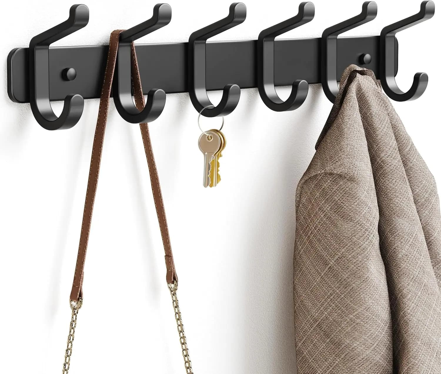 Appendiabiti da Parete Resistente pickpiff: Appendiabiti in Metallo con 6 Ganci per Cappelli, Vestiti, Accappatoi, Chiavi, Zaini, Asciugamani da Bagno, Giacche, Borse - Per Armadio, Porta, Ingresso, Ripostiglio (Nero, 1 Pezzo)