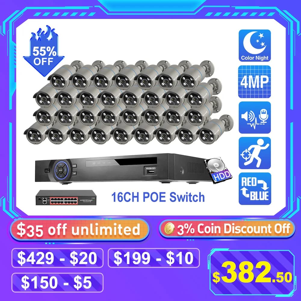 Kit Sistema di Sicurezza con Telecamera IP 4MP AI per Rilevamento Viso/Umano/Auto, Visione Notturna a Colori, NVR 36CH H.265+ POE, Set di Sorveglianza P2P
