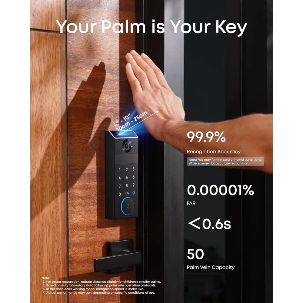 Serratura Intelligente Senza Chiave per Porta Anteriore con Tastiera Wi-Fi, Videocitofono 2K HDR, Memoria 16GB, Schermo Video e Riconoscimento Palmare