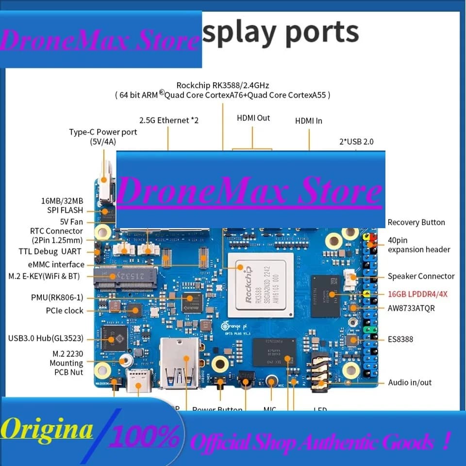 DroMaRockchip Single Board RK3588 Orange Pi 5 Plus 32GB LPDDR4 PCIe M.2 SSD RAM Compute Expansion External WiFi BT Module Orang