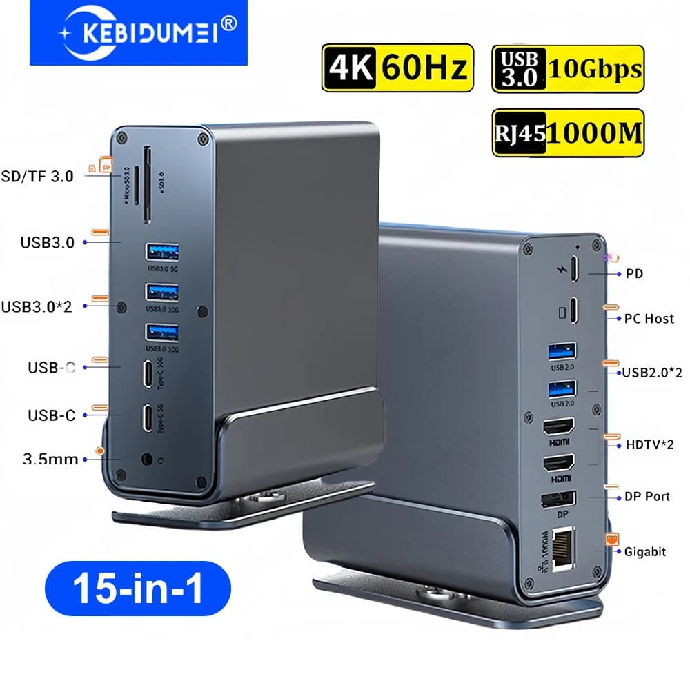 Hub verticale 15 in 1 con docking station USB C triplo monitor 4K60Hz, RJ45 1000M, USB 3.0, PD100W, SD/TF, audio 3.5 per MacBook