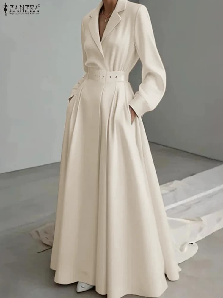 Abito da lavoro OL autunno donna ZANZEA 2025 Abiti da ufficio eleganti a maniche lunghe con risvolto Solido con cintura Abito elegante A Line Abiti da festa