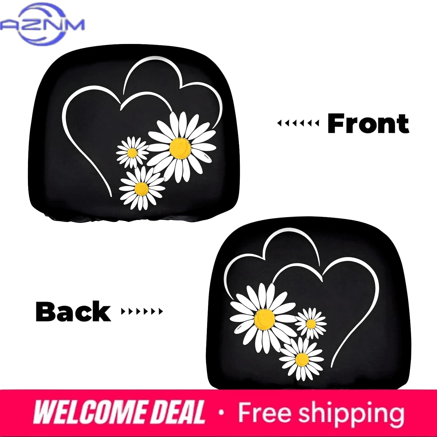 Confezione da 2 copri poggiatesta per auto a forma di cuore con fiori di margherita, accessori per sedili alla moda, adatti per il pendolarismo quotidiano e viaggi lunghi