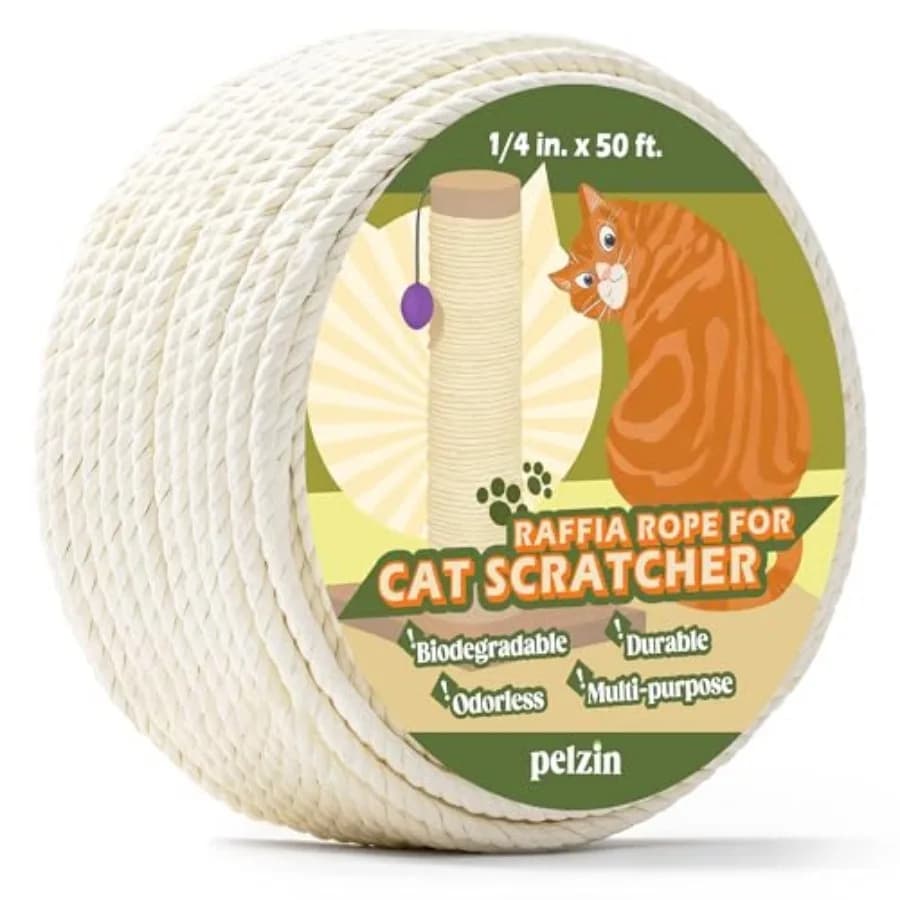 Natural Paper Raffia Rope for Cat Scratcher 1/4 Inch by 50 Feet, Cat Tree Rope Twine for Cat Scratching Post Replacement, Cat T