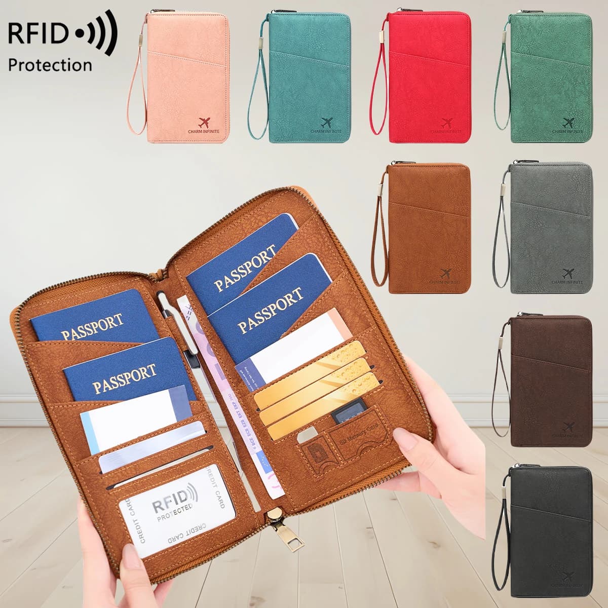 Multi-Functional RFID Blocking Passport Bag Travel Document Holder with Long Zipper Ticket Storage Wallet for Multiple Passports