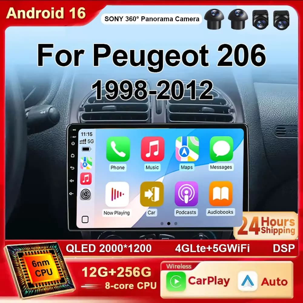 Android 16 Car radio for Peugeot 206 206CC SW 1998-2012 Multimedia player GPS navi Video 7862 2din Autorad Carplay Android Auto