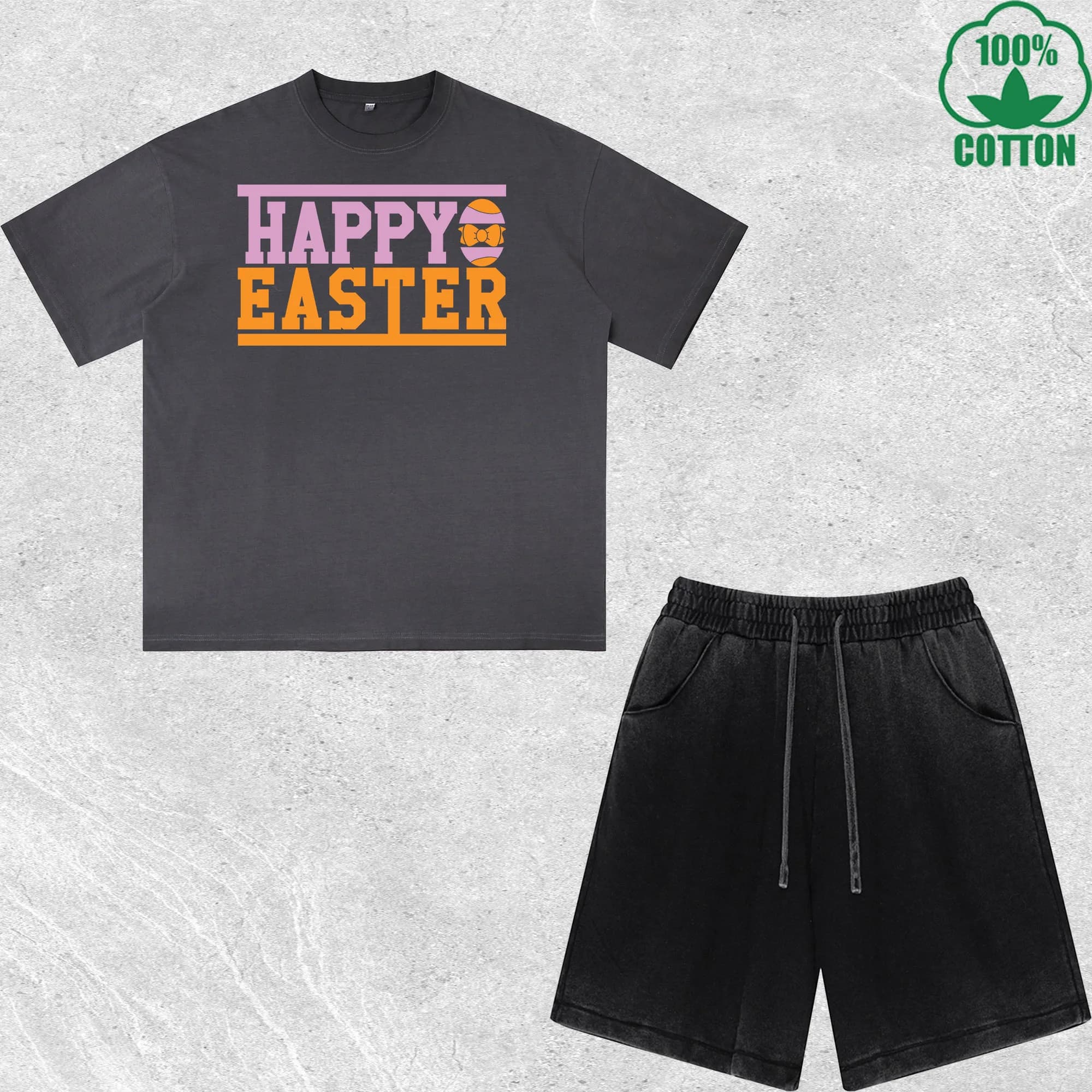 Set T-Shirt e Pantaloncini Stampati 'Happy Easter' Effetto Lavato, Multicolore, Combinazione Trendy e Alla Moda, 100% Cotone, Confezione Conveniente
