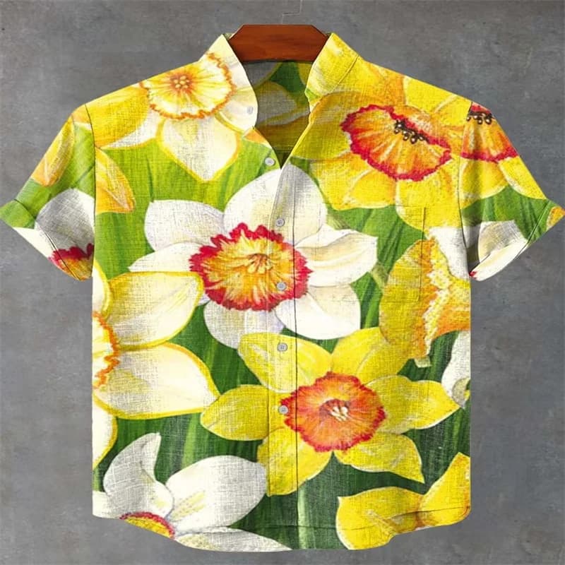 Camicia hawaiana da uomo gialla e bianca con stampa di narcisi, maniche corte, abbottonata, casual estiva da spiaggia