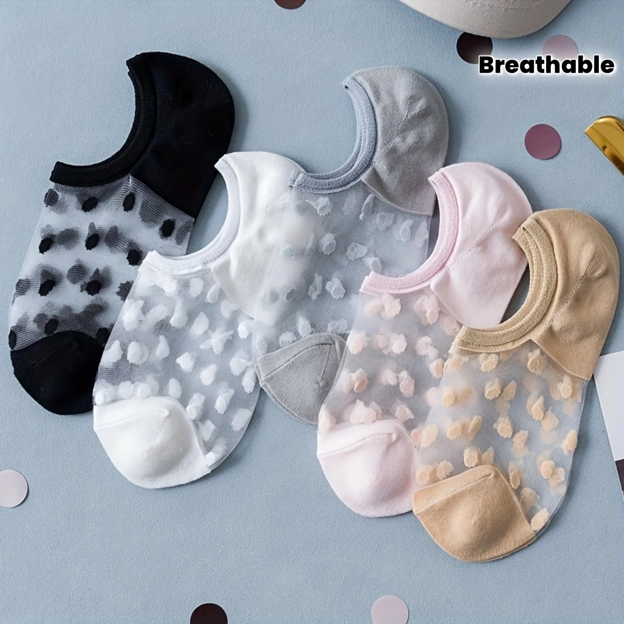5 pairs of spring and summer thin polka dot socks, boat socks, invisible socks, comfortable and breathable women's socks