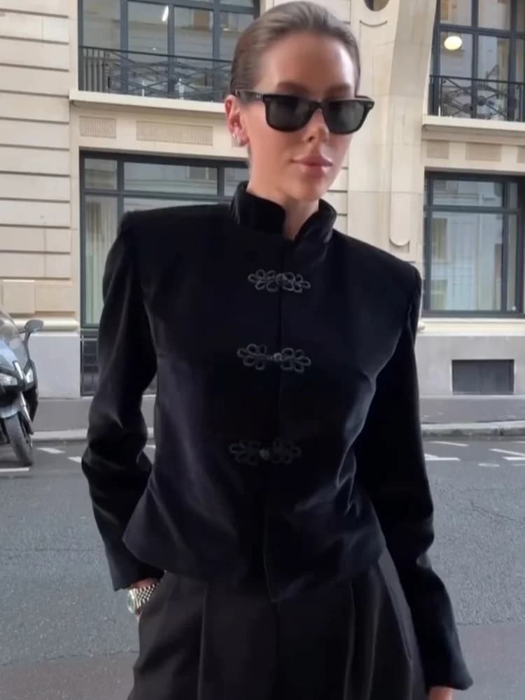 Elegante Giacca Militare con Colletto Rialzato per Donna, Casual, Manica Lunga, Monopetto, Corta Stile Napoleon, Cappotto Primaverile da Lavoro
