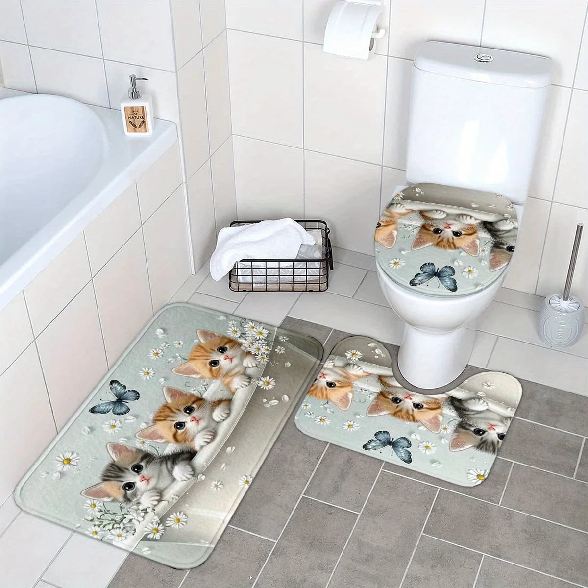 Set di tappetini da bagno con motivo simpatico gatto da 3 pezzi con copri coperchio per WC + tappetino a forma di U, arredamento morbido e assorbente antiscivolo
