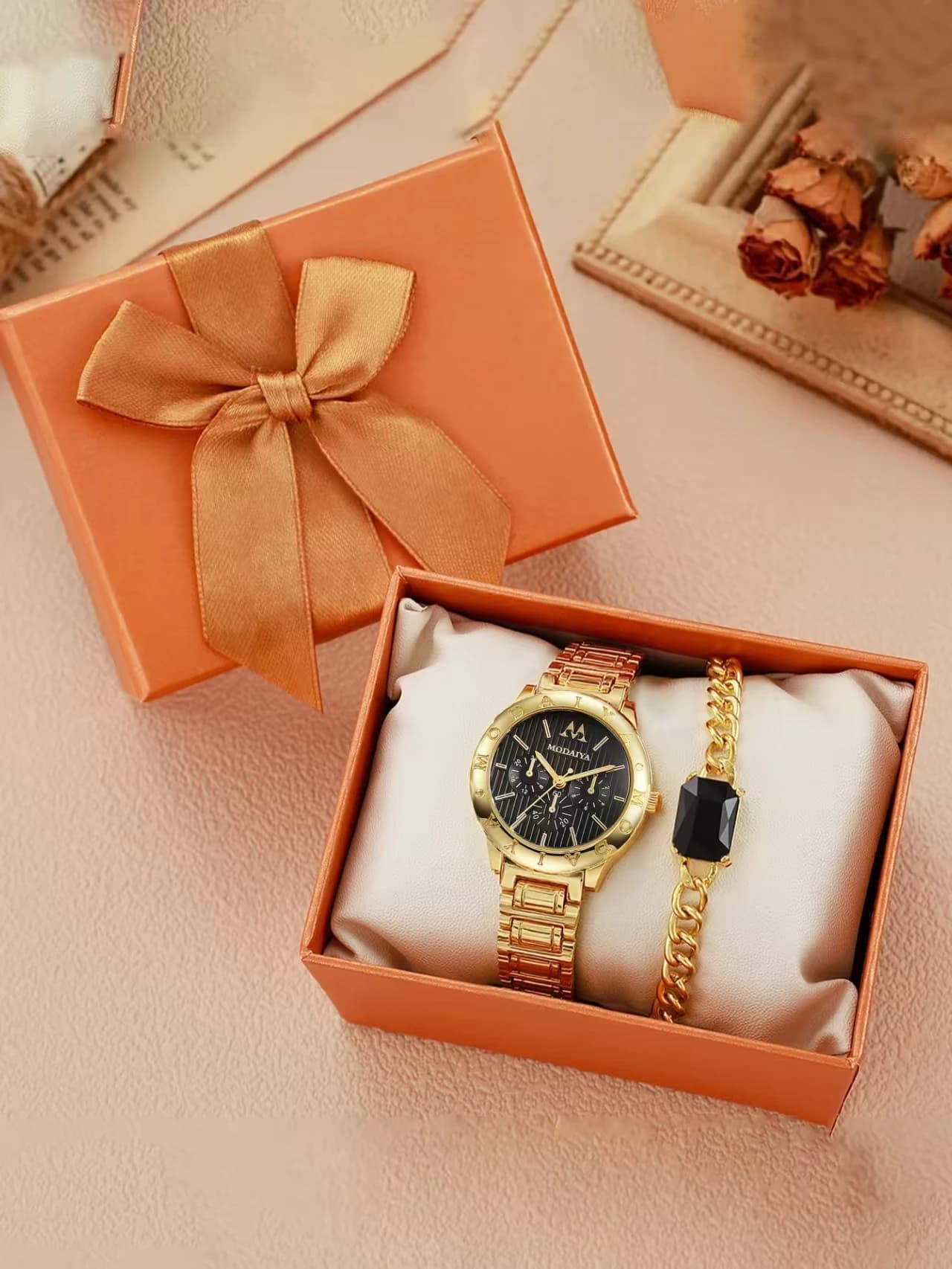 Women's Quartz Watch With Alloy Strap With Fashionable Round Dial, Lightweight And Luxury, With Gemstones, 2 Set For Christmas And Thanksgiving
