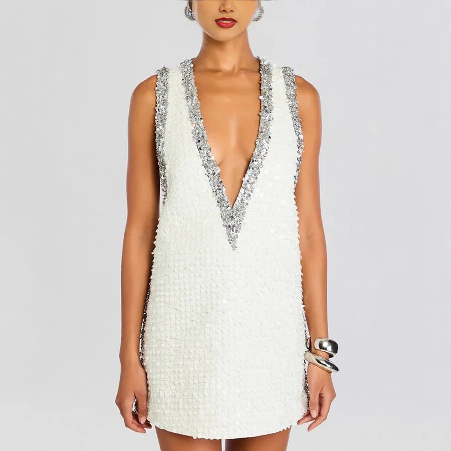 Spring New Solid Color Sequin Short Dresses Women Sexy Deep V-neck Loose Sleeveless Mini Dress Fashion Streetwear Vest Vestidos