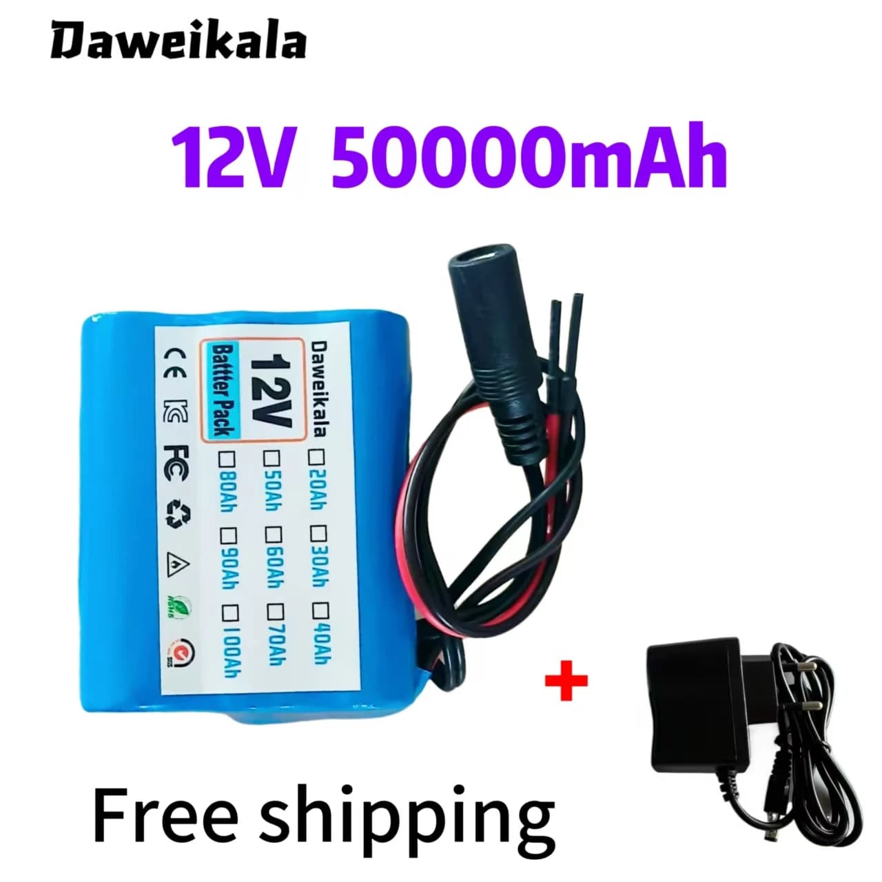 Pacco batteria agli ioni di litio 3S2P 12V 50Ah (50000mAh) 18650 – Ricaricabile con scheda di protezione BMS + caricabatterie 12,6V