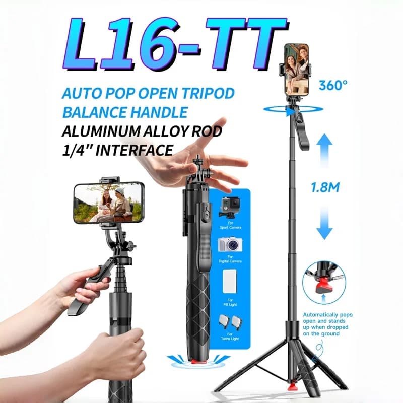 Selfie stick with 1,8 meters automatic open pop tripod for GoPro phone camera 360 degree rotating support with remote control for Vlog LIVE video