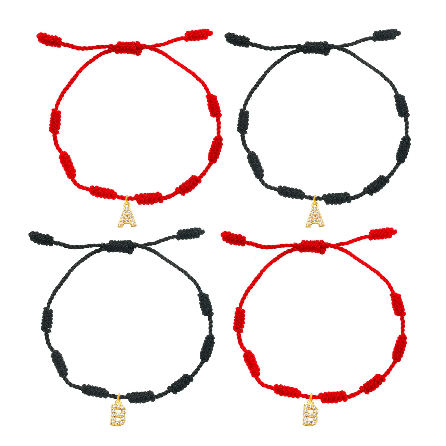 7 Lucky Knot Red Black String placcato oro Cubic Zirconia Stones bracciale con ciondolo a lettera in ottone donna ragazza nome CZ Jewelry Lover