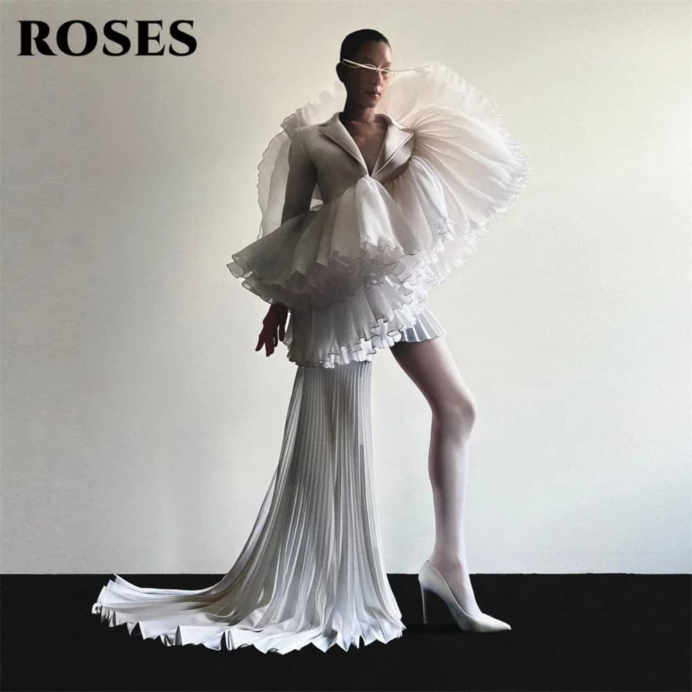 ROSES Abito da sera bianco con scollo a V, spalle scoperte, maniche lunghe, abito da festa plissettato, abito da ballo, abiti da sera unici personalizzabili