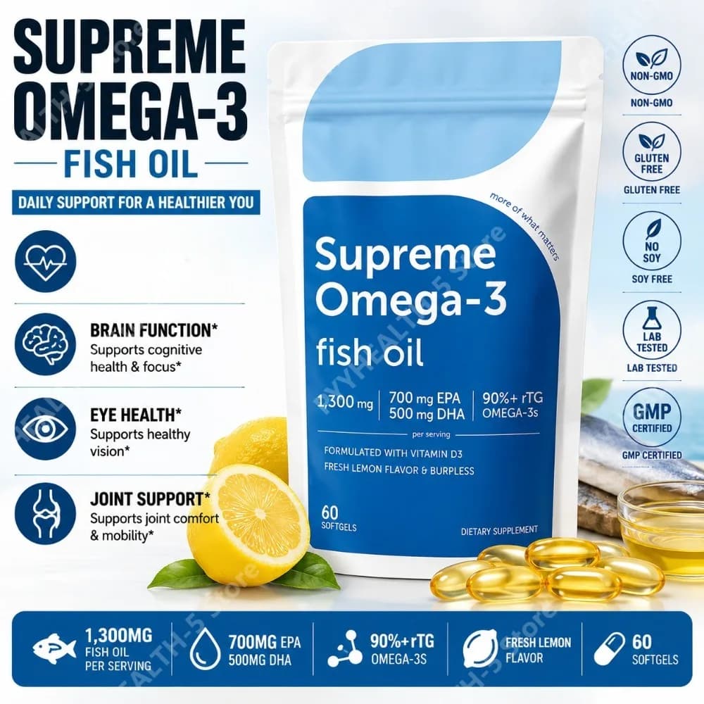 Omega-3 Fish Oil Softgels with EPA 700mg DHA 500mg and Vitamin D3, RTG Formula, Burpless Lemon Flavor, 60 Softgels