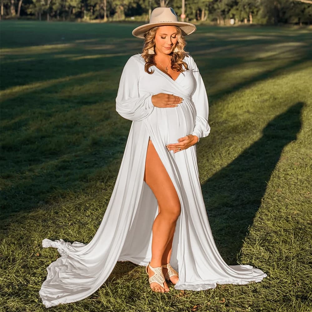 Maternity Photography Dresses Baby Shower Maxi Gown Lantern Sleeve V Neck Pregnancy Wrap Side Split Robe