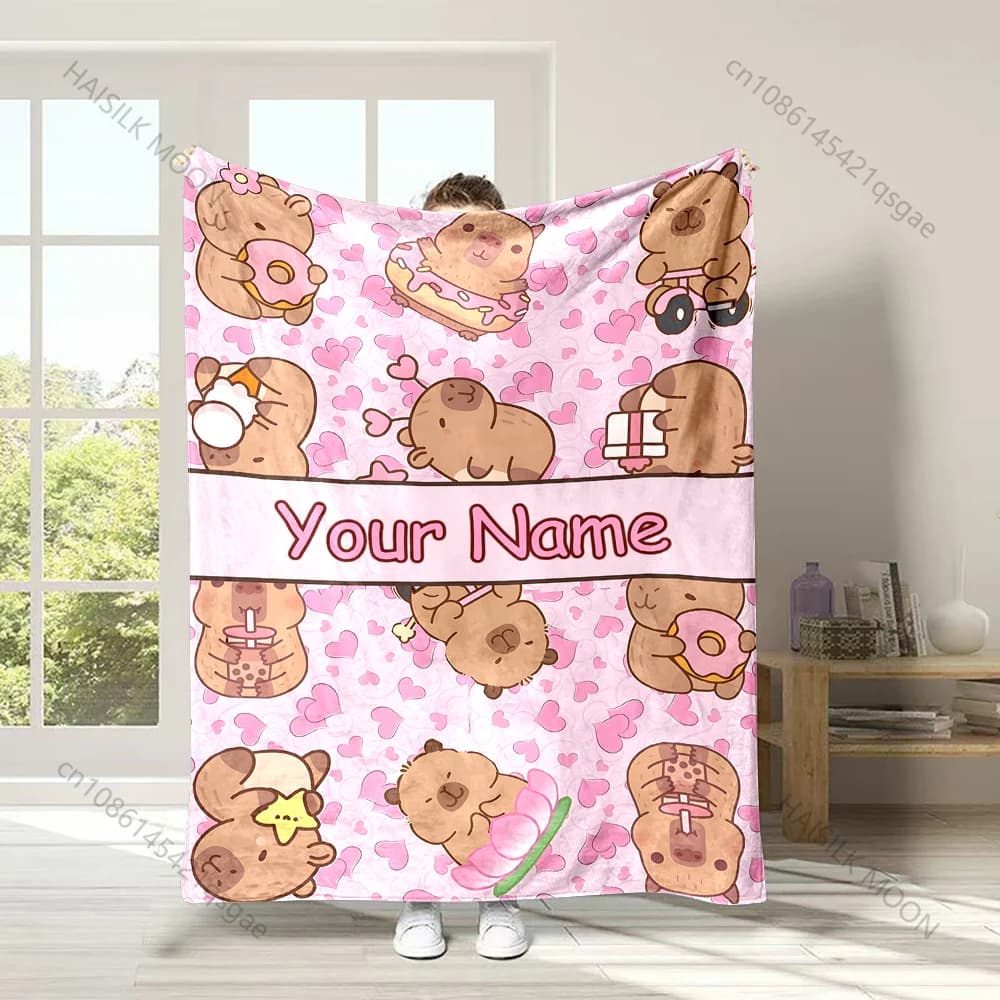 Coperta con nome personalizzato con stampa capibara cartone animato, morbida e confortevole per la casa, divano, ufficio, viaggi all'aperto, campeggio, picnic